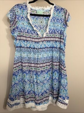 Blue Patterned Mini Dress with Fringe Trim